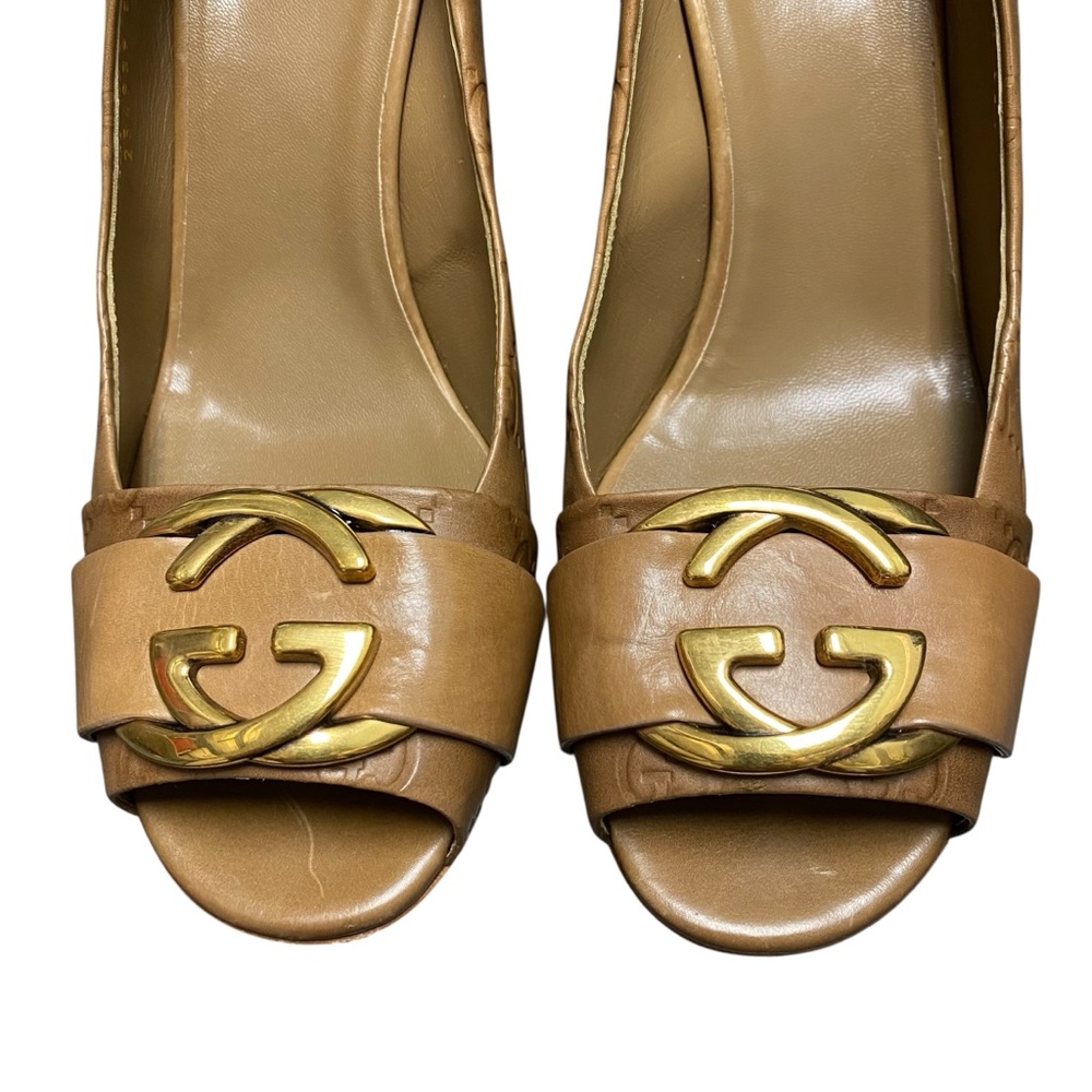 Gucci Caramel Guccissima Interlocking G Open Toe Pumps - Picture 2 of 8